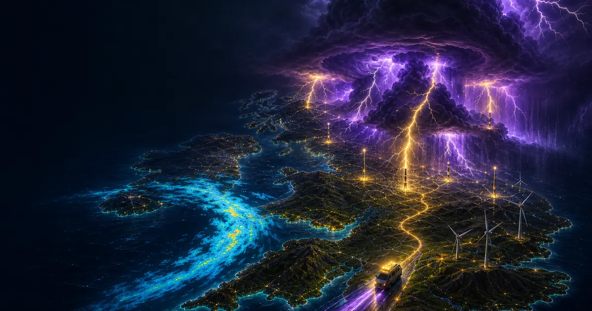 A supercell over a three-dimensional map of Britain, lightning striking the rods and a chase van on the road
